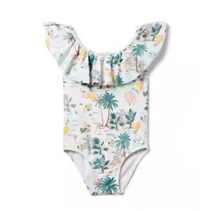Janie and Jack Recycled Tropical Island Ruffle Swimsuit in White Tropical Island